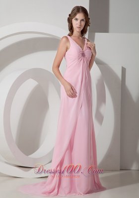 Baby Pink V-neck Prom Dress Beading Chiffon Brush