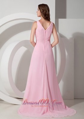 Baby Pink V-neck Prom Dress Beading Chiffon Brush