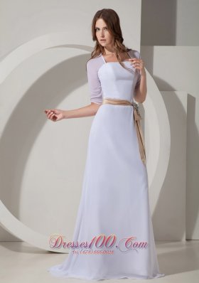 Beaded Sashes Square Sleeves Prom Dress Chiffon Brush