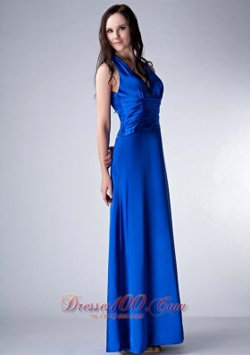 V-neck Ruched Royal Blue Prom Bridesmaid Dress Satin