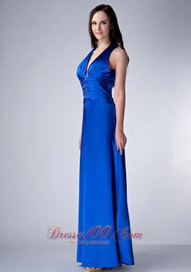 V-neck Ruched Royal Blue Prom Bridesmaid Dress Satin