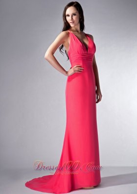 Coral Red V-neck Bridesmaid Dress Brush Train Chiffon