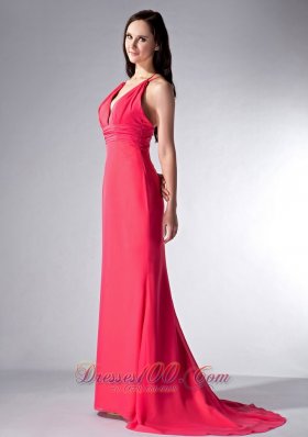 Coral Red V-neck Bridesmaid Dress Brush Train Chiffon