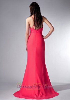 Coral Red V-neck Bridesmaid Dress Brush Train Chiffon