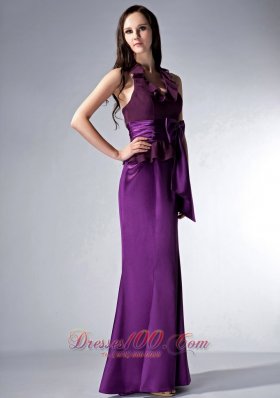 Halter Eggplant Purple Bridesmaid Dress Bow Train