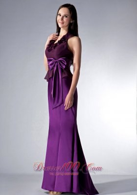 Halter Eggplant Purple Bridesmaid Dress Bow Train