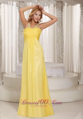 Light Yellow Beaded Straps Ruched Prom Party Dress