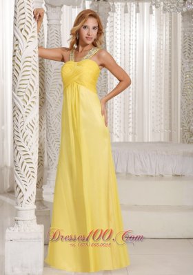 Light Yellow Beaded Straps Ruched Prom Party Dress