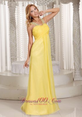 Light Yellow Beaded Straps Ruched Prom Party Dress