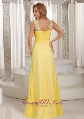 Light Yellow Beaded Straps Ruched Prom Party Dress