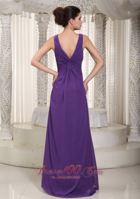 V-neck Beading Slit Purple Prom Pageant Dress Chiffon