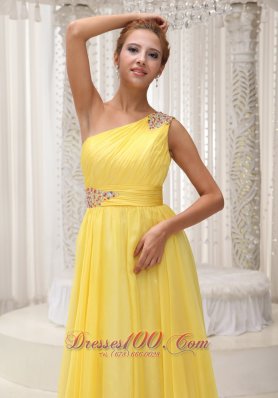 Beaded One Shoulder Ruched Yellow Evening Graduation Dress