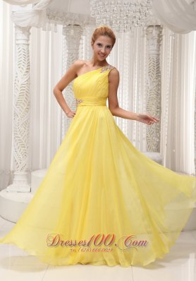 Beaded One Shoulder Ruched Yellow Evening Graduation Dress
