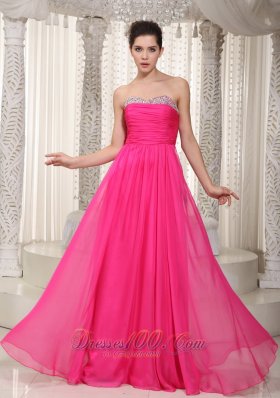 Hot Pink Beading Ruched Prom Party Dress Chiffon