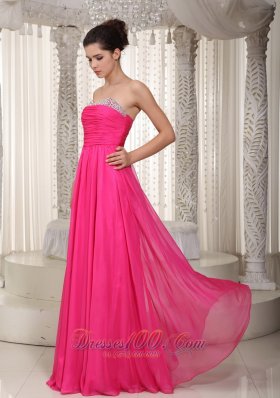 Hot Pink Beading Ruched Prom Party Dress Chiffon