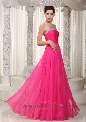 Hot Pink Beading Ruched Prom Party Dress Chiffon