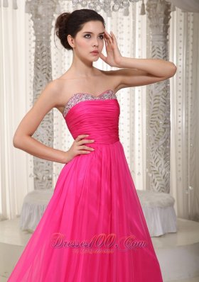 Hot Pink Beading Ruched Prom Party Dress Chiffon