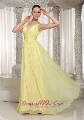 V-neck Light Yellow Chiffon Prom Homecoming Dress