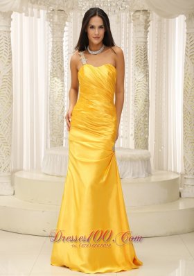 Appliques One Shoulder Ruched Yellow Prom Evening Dress