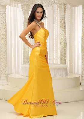 Appliques One Shoulder Ruched Yellow Prom Evening Dress