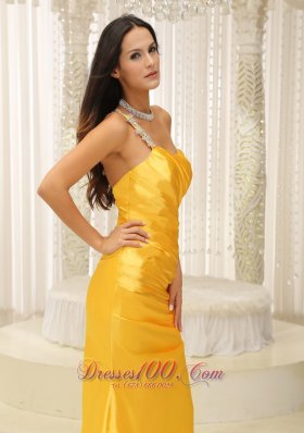 Appliques One Shoulder Ruched Yellow Prom Evening Dress