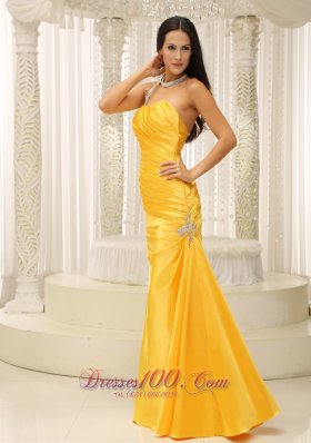 Appliques One Shoulder Ruched Yellow Prom Evening Dress