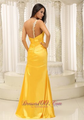 Appliques One Shoulder Ruched Yellow Prom Evening Dress