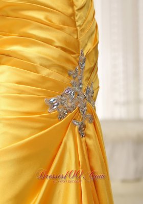 Appliques One Shoulder Ruched Yellow Prom Evening Dress