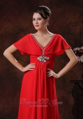 Red V-neck Prom Evening Dress Chiffon Short Sleeves