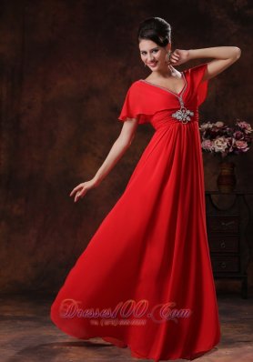 Red V-neck Prom Evening Dress Chiffon Short Sleeves