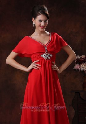 Red V-neck Prom Evening Dress Chiffon Short Sleeves