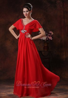 Red V-neck Prom Evening Dress Chiffon Short Sleeves