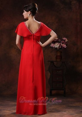 Red V-neck Prom Evening Dress Chiffon Short Sleeves