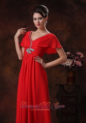 Red V-neck Prom Evening Dress Chiffon Short Sleeves