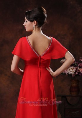 Red V-neck Prom Evening Dress Chiffon Short Sleeves