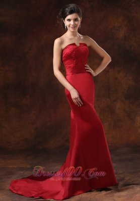 Red Prom Evening Dress Mermaid Strapless Brush Train