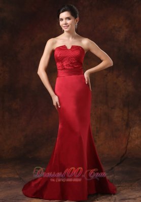 Red Prom Evening Dress Mermaid Strapless Brush Train