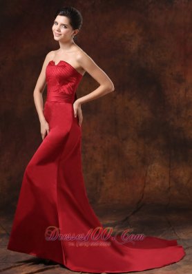 Red Prom Evening Dress Mermaid Strapless Brush Train