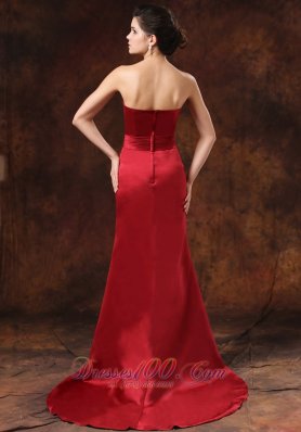 Red Prom Evening Dress Mermaid Strapless Brush Train