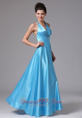 Beading Halter Baby Blue Prom Homecoming Dress Ruched