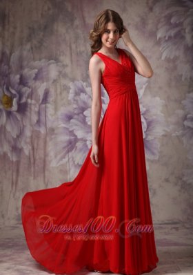 V-neck Red Prom Evening Dress Ruch Chiffon Brush Train