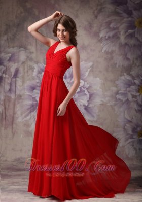 V-neck Red Prom Evening Dress Ruch Chiffon Brush Train