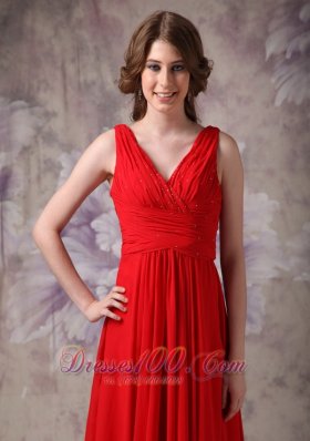 V-neck Red Prom Evening Dress Ruch Chiffon Brush Train