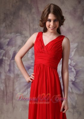 V-neck Red Prom Evening Dress Ruch Chiffon Brush Train