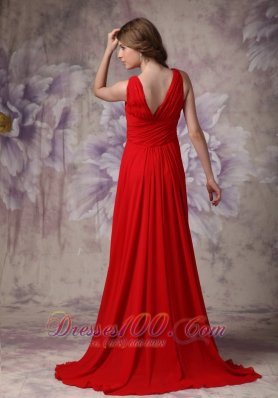 V-neck Red Prom Evening Dress Ruch Chiffon Brush Train