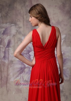 V-neck Red Prom Evening Dress Ruch Chiffon Brush Train