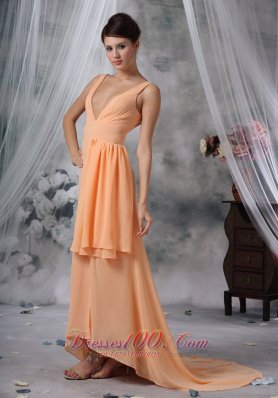 High Slit Light Orange Prom Evening Dress Ruch V-neck