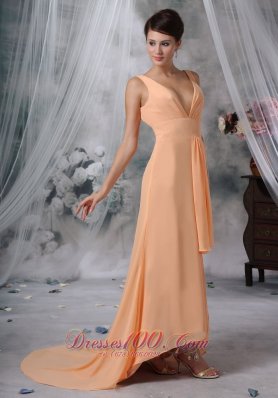 High Slit Light Orange Prom Evening Dress Ruch V-neck