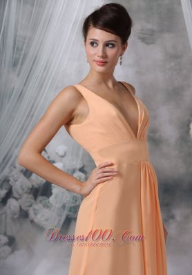 High Slit Light Orange Prom Evening Dress Ruch V-neck