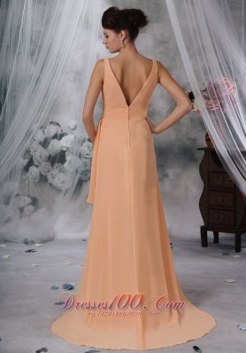 High Slit Light Orange Prom Evening Dress Ruch V-neck